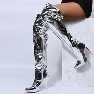 Arqa Women’s Metallic Over-the-Knee High Boots – Pointed Toe, Stiletto Heel, Sid